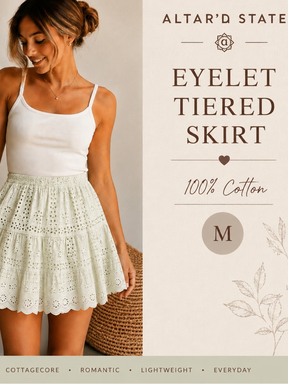Altar’d State 100% Cotton Eyelet Tiered Skirt light sage boho cottage mini skirt